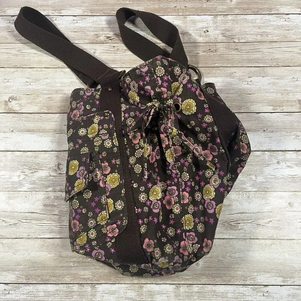 Everyday Shoulder Bag Brown Floral Button Closure, Boho, Cottagecore, Pockets